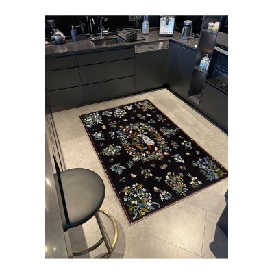 Tapis décoratif moderne multicolore noir à motif de fleurs et d'oiseaux