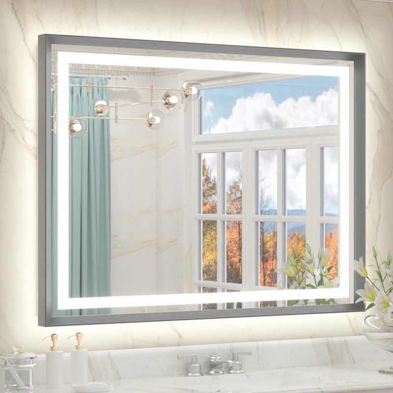 Dineen Front and Backlit LED Bathroom Vanity Mirror, 40" x 32", Dark Gray
