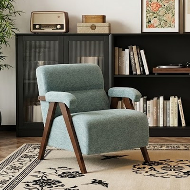  Chaise d'appoint Mid-Century moderne - structure en bois massif, revêtement en polyester touffeté vert avec coussin épais
