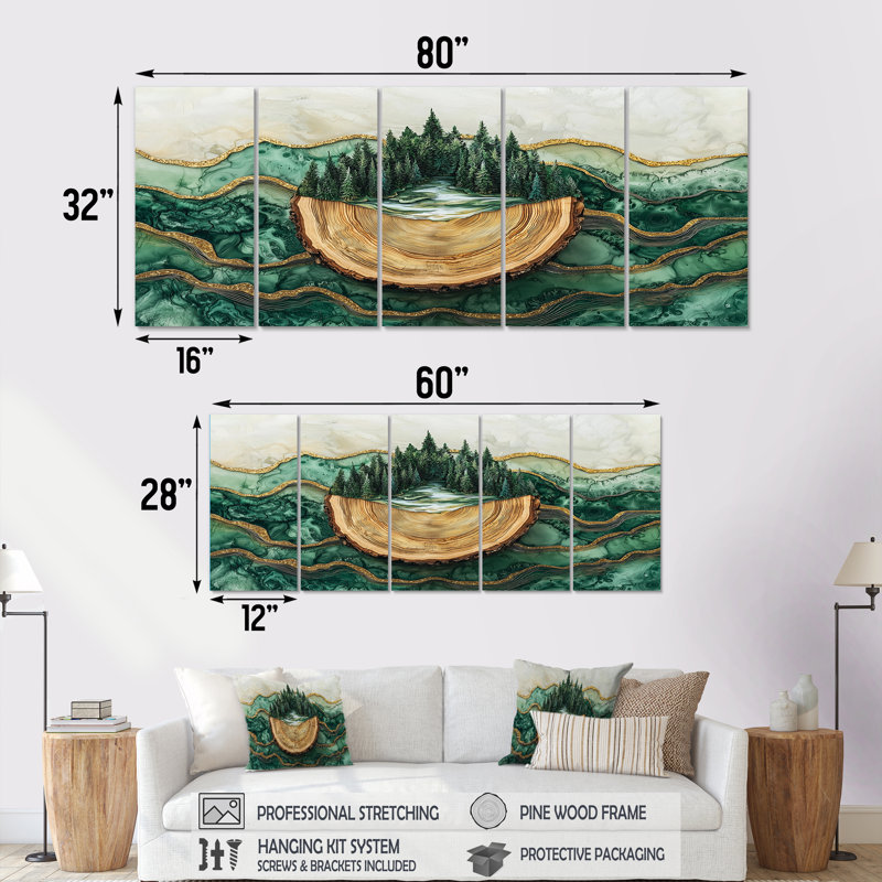 «Bold Forest Landscape Path of the Emerald River I», art mural forêt - art mural traditionnel, H 32 po x l 80 po, 5