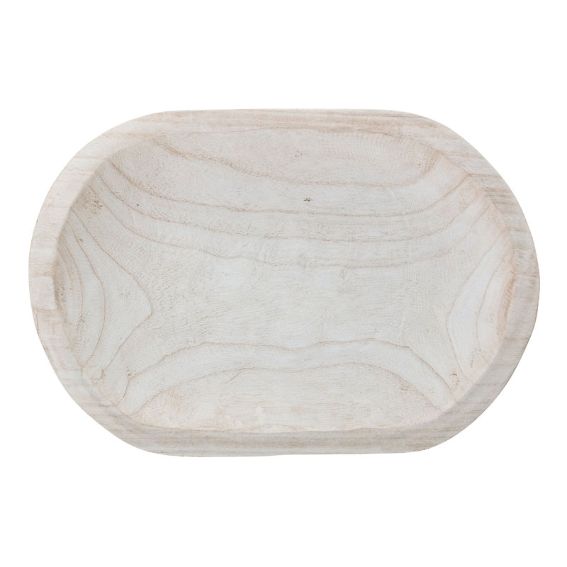 Hand-Carved Paulownia Wood Bowl with Whitewashed Finish, Whitewashed, 2"H x 14.5"W x 10.25"D