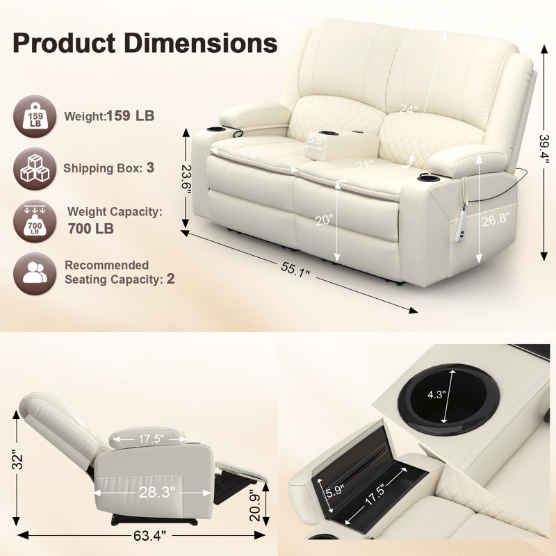 Canapé inclinable électrique avec accoudoirs amovibles et télécommande, siège de cinéma maison avec rangement et ports USB, porte-gobelet
