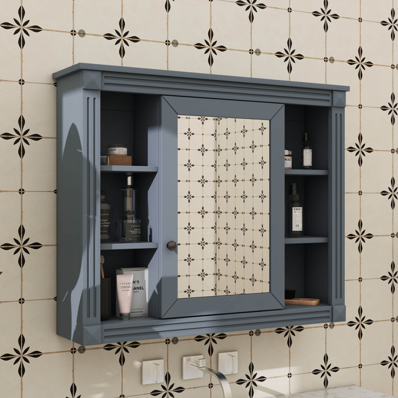 Armoire de rangement murale de salle de bain moderne 35 "x 28" avec miroir 6 tablettes ouvertes, Bleu
