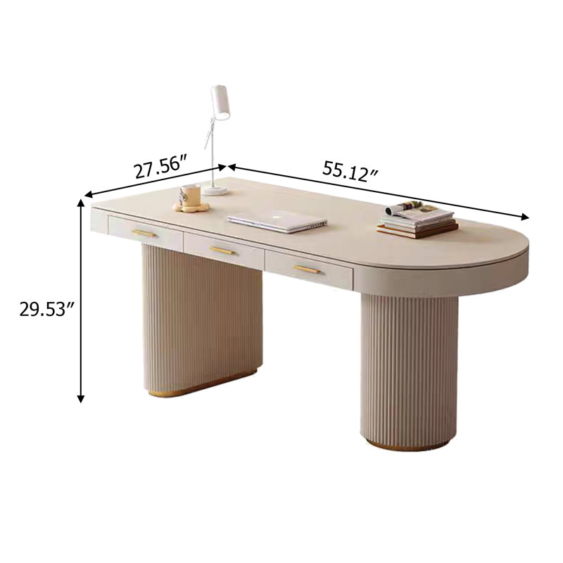 Bureau en pierre frittée blanc crème de style crème, bureau à 3 tiroirs, 29.53" H x 55.12" W x 27.56" D, Oui