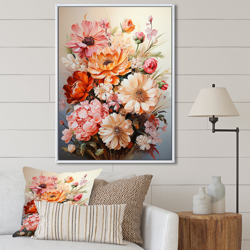 Fleurs saisonnières, coucher de soleil sur toile, Cadre flottant blanc, H 32 po x l 24 po x P 1 po