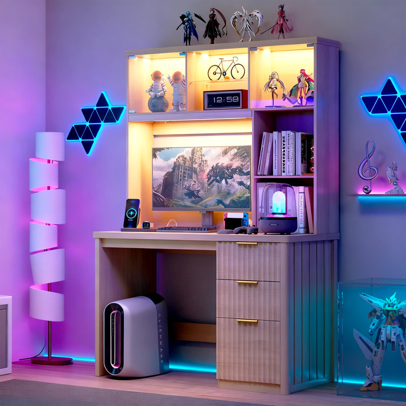 MDF Computer Desk with Built-In Electrical Outlet, Natural