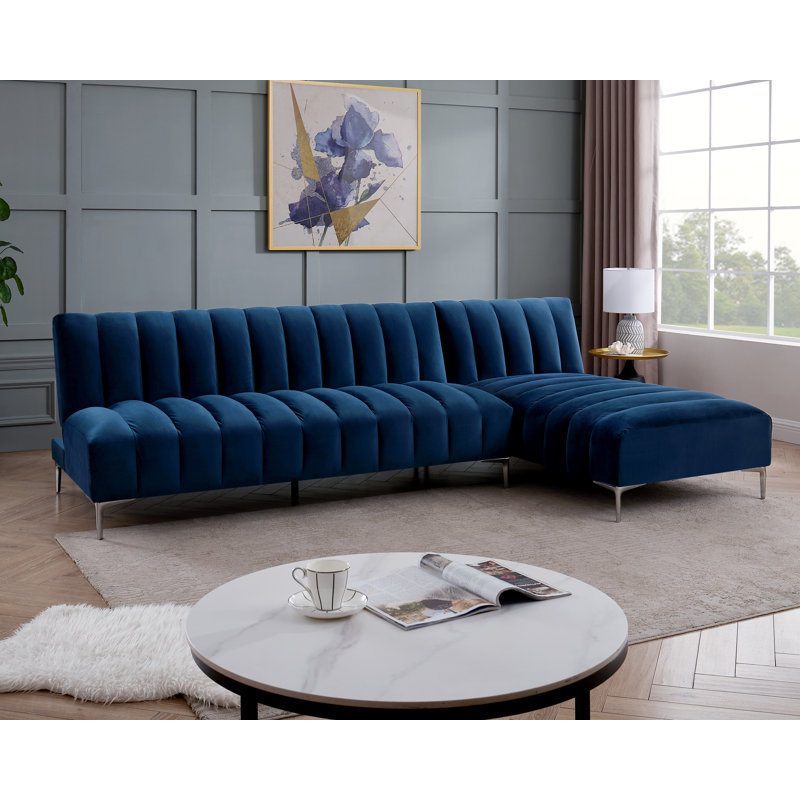 Decato Upholstered Sleeper Corner Sofa , Midnight Blue Velvet