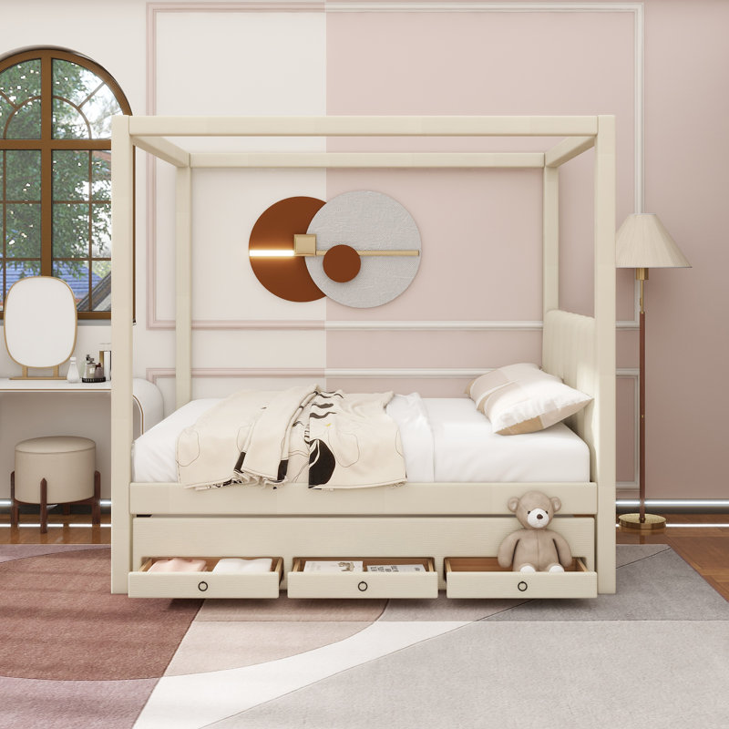 Lit plateforme double à baldaquin avec lit gigogne et trois tiroirs de rangement, beige, Lit double