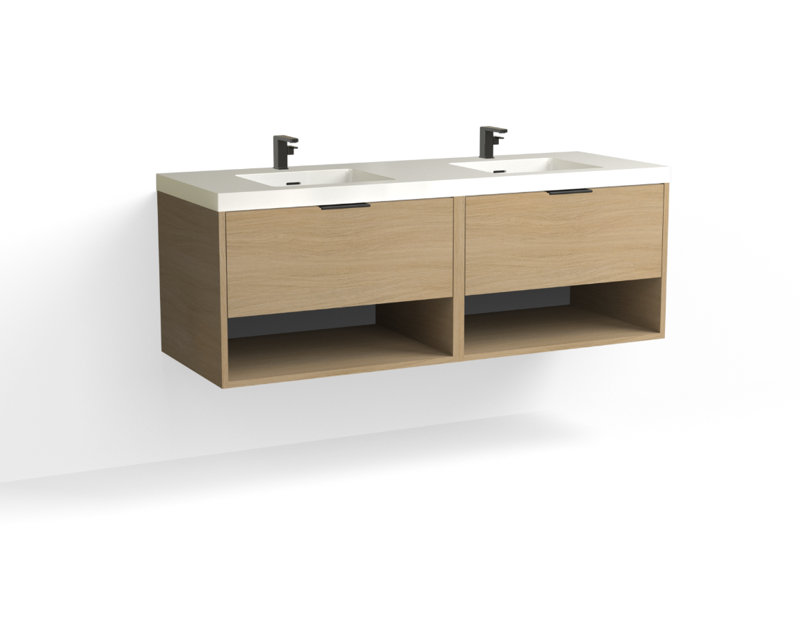 Modo 60" W Wall Mounted Double Bathroom Vanity, Glossy White/8" Widespread, Nocino, Satin Nickel