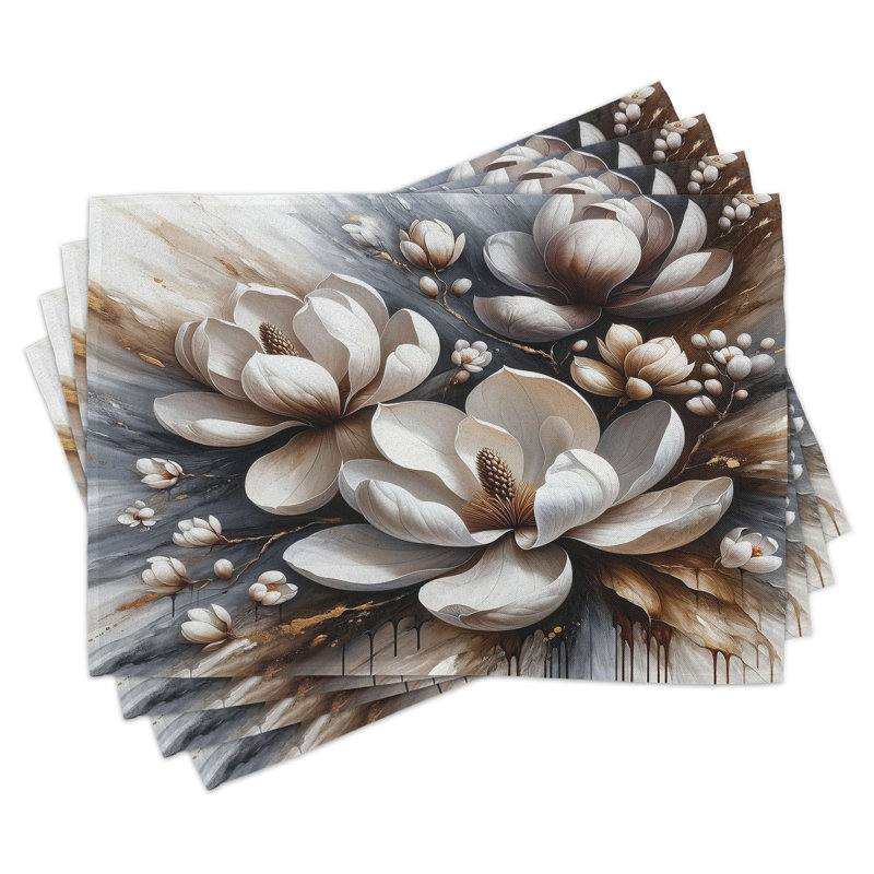 Umber and Blue Grey Floral Polyester Rectangle Placemats Set of 4