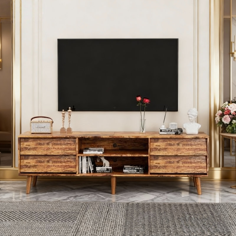 Commode meuble télé 63 "avec 2 armoires de rangement et 4 tiroirs, meuble télé avec compartiments, console télé pour salon, chambre à coucher
