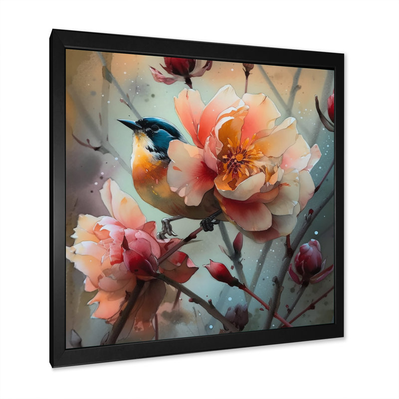 «Blue Little Bird On Rose Tree Banch II», reproduction d'art sur toile, H 16 po x l 16 po x P 1 po