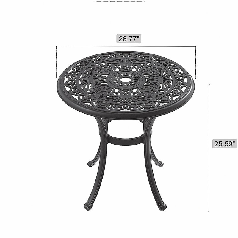 Table de salle à manger 26,77 pouces en fonte d'aluminium avec structure noire et trou pour parasol