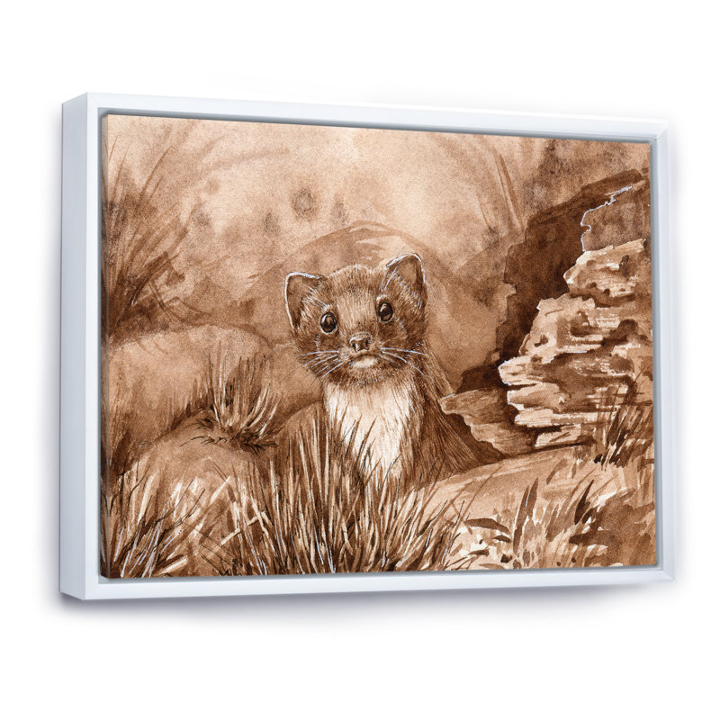 Wild Weasel in the Forest - Peinture sur toile, H 24 po x l 32 po, Cadre flottant blanc