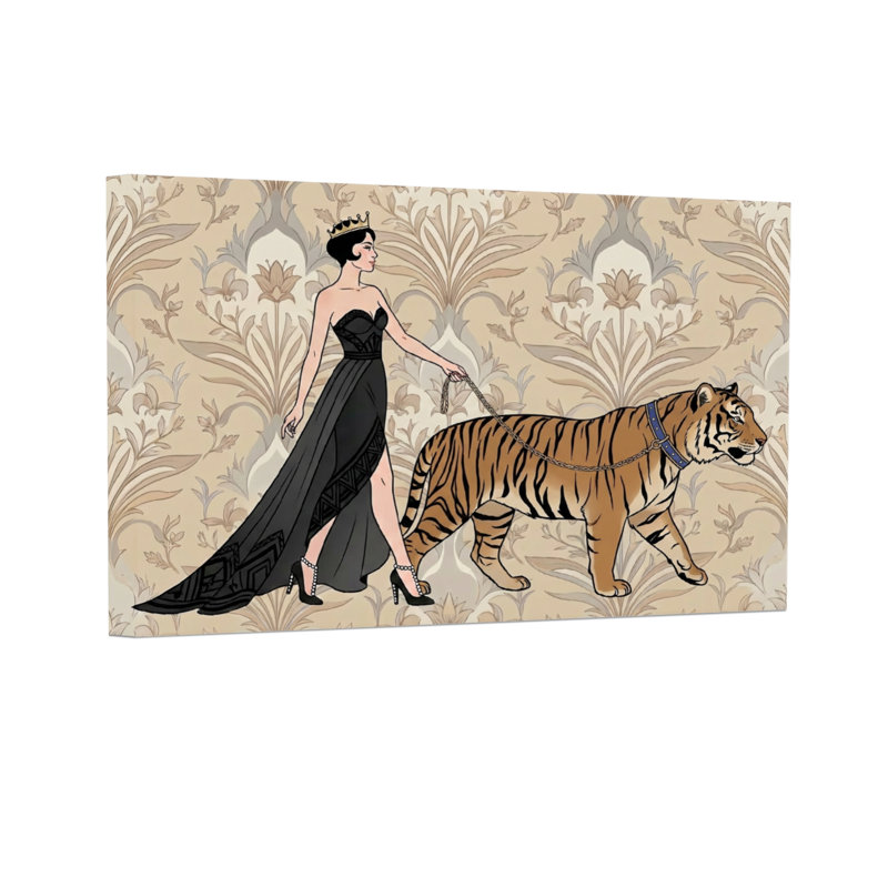 Animaux Femme élégante marchant un tigre en laisse, H 12 po x l 18 po