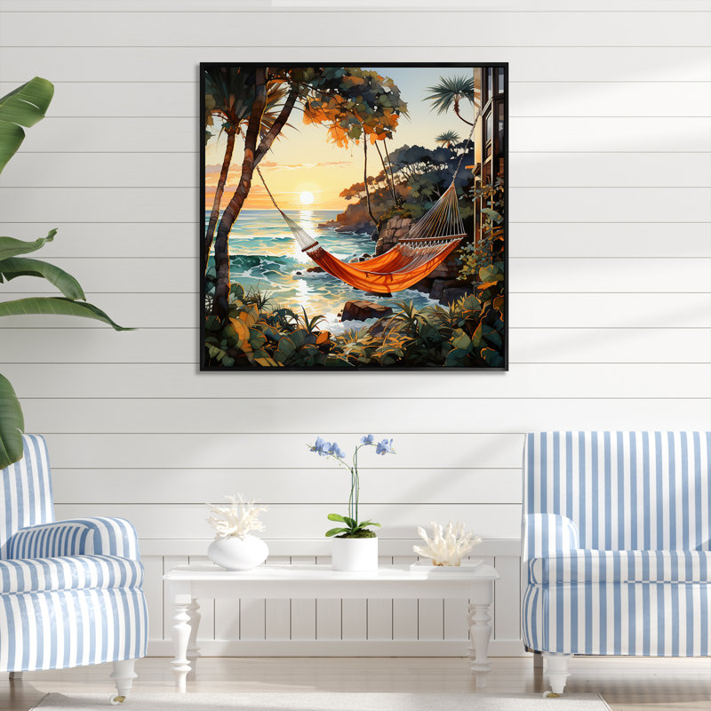 Coucher de soleil hamac près de la plage II - art mural côtier tropical, H 30 po x l 30 po x P 1,5 po, Cadre flottant noir