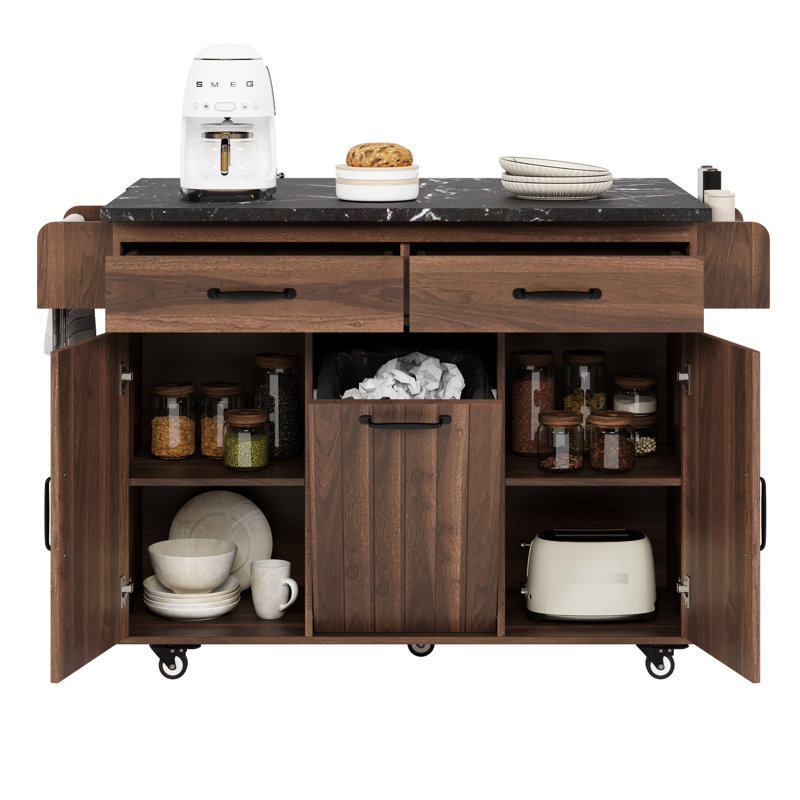 Îlot de cuisine roulant avec poubelle, abattant rabattable, tablette ajustable, étagère à épices, étagère à serviettes de luxe à finition noyer - brun