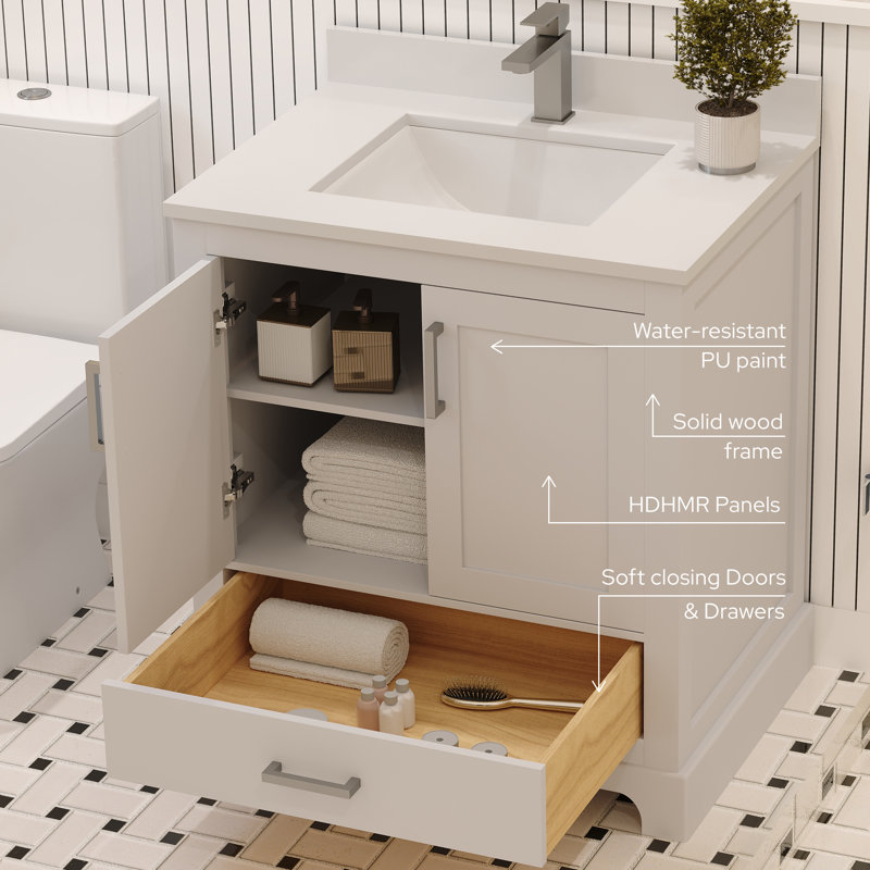 Meuble-lavabo en bois massif avec lavabo 30 po Maya - blanc, 2 portes à fermeture douce, 1 tiroir à pleine extension, Blanc