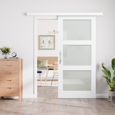 Porte de grange coulissante dissimulée à 3 coulisses avec garde-corps en verre givré apprêté blanc avec poignée nickelée double face (aucun assemblage requis)