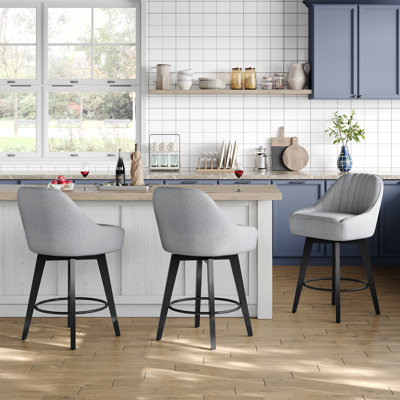 26" Swivel Upholstered Counter Height Bar Stools with Metal Legs - Gray(Set Of 3)