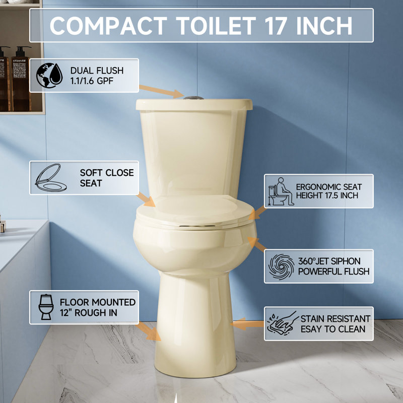 17" Tall Compact 2-Piece Toilet 1.1/1.6 GPF Dual Flush Round Map Flush 1000g with Soft Close Seat, Bone