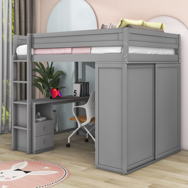Clamart Wood Loft Bed with Wardrobes and 2 Drawer, Full / Double, Gray