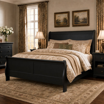 Louis Phillipe Sleigh Bed Frame Queen Size, Transitional Solid Wood & Wood Veneer Platform Bed with English Dovetail Construction & Classic Bracket Feet, Sturdy Durable Master Bedroom Furniture, Foundation Required, Black Finish