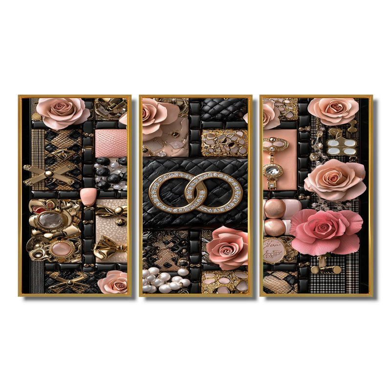 Ensemble de salon rose et noir à motif géométrique glamour II, Toile avec cadre flottant noir, H 28 po x l 36 po x P 1 po