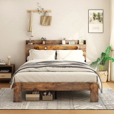 Bed Frame, Wood Platform Bed Frame with Storage LED Light Headboard and 2 USB by Mercer41