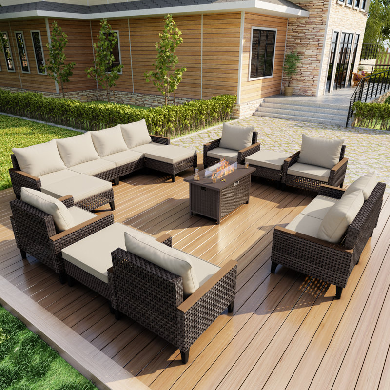 15 Pieces Patio Furniture Set With Fire Pit Table, Outdoor Conversation Sets Wicker Rattan Sectional Sofa, Beige
