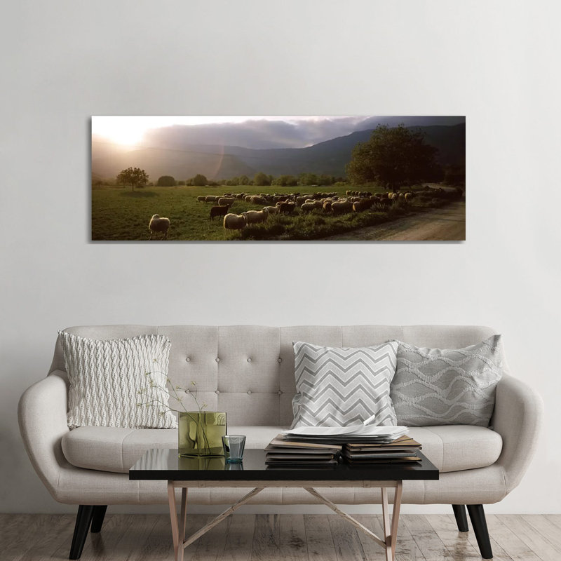 Flock Of Sheep Grazing In A Field - Wrapped Canvas Panoramic Print, 182.88 cm H x 60.96 cm W