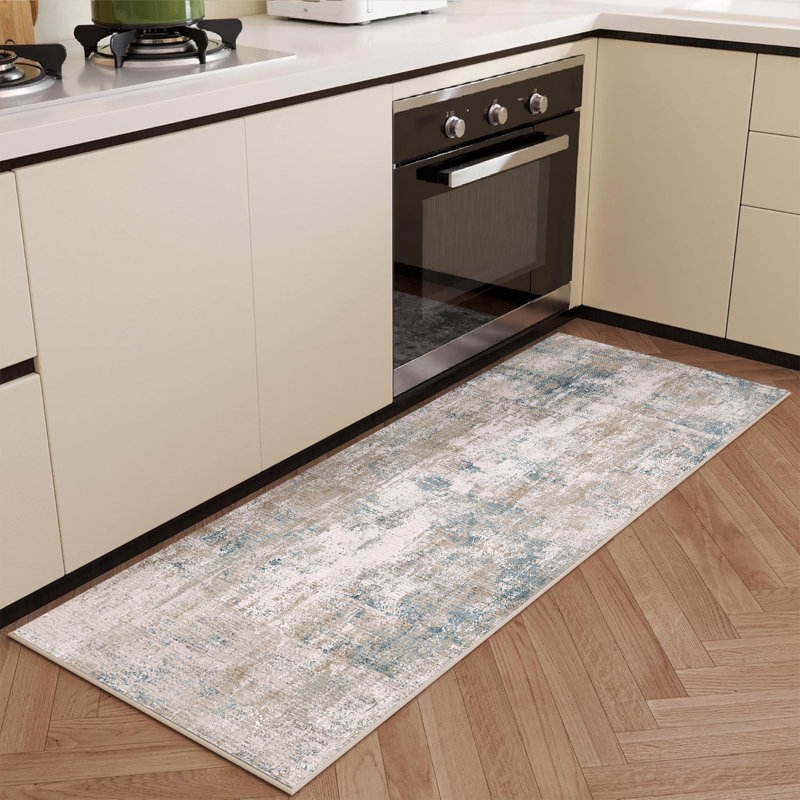 Tapis Elroy moderne abstrait lavable à la machine avec envers en caoutchouc antidérapant, Bleu beige