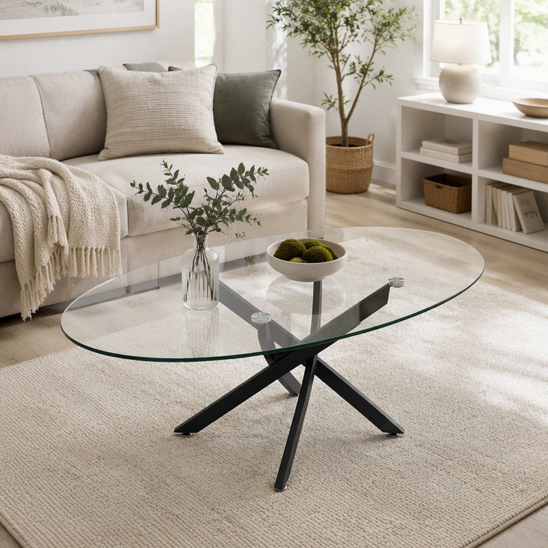 Table basse ovale, table d'appoint en verre de 100 cm, table à manger, table à thé moderne pour salon, Black