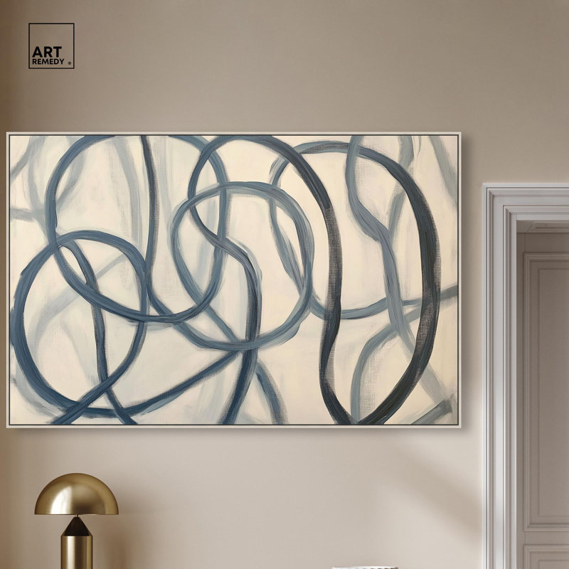 Toile éternelle «I Loop» par Art Remedy, H 21 po x l 31 po, Cadre flottant, Argent argent