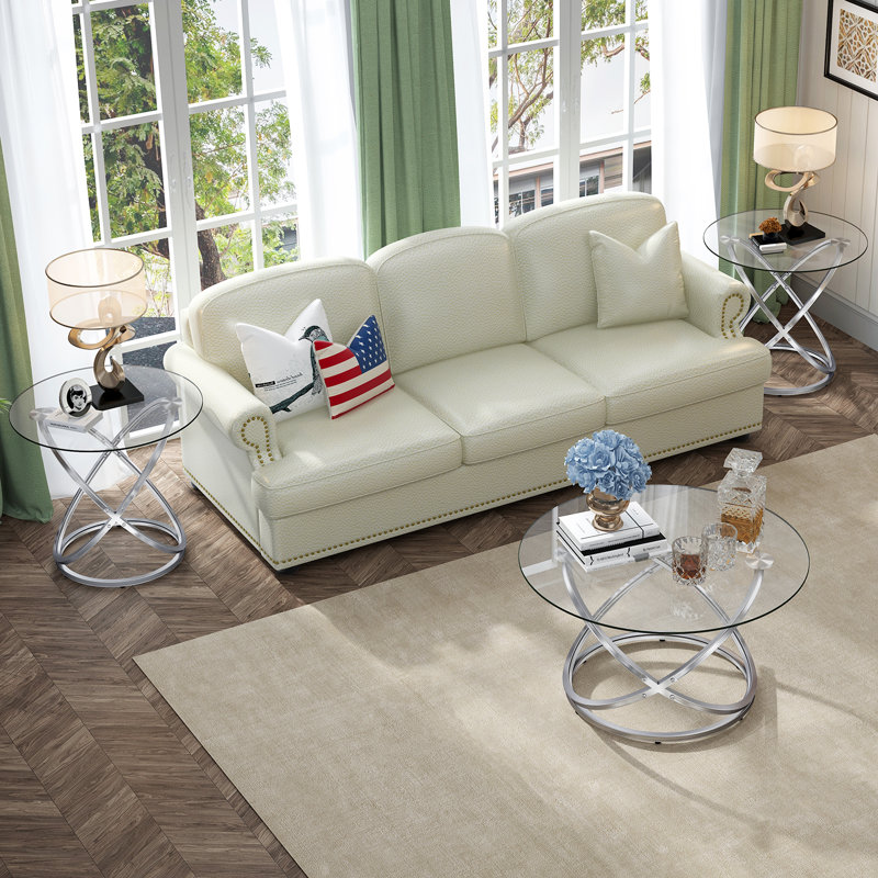 Dinna Round Coffee Tables with Metal Frame and Tempered Glass Top Center Table, Clear, Silver, Glass
