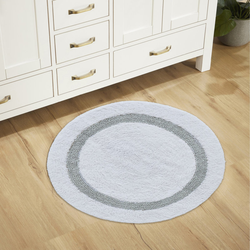 Tapis pour salle de bain réversible 100% coton Widman, Rond 30 po, Blanc / Bleu