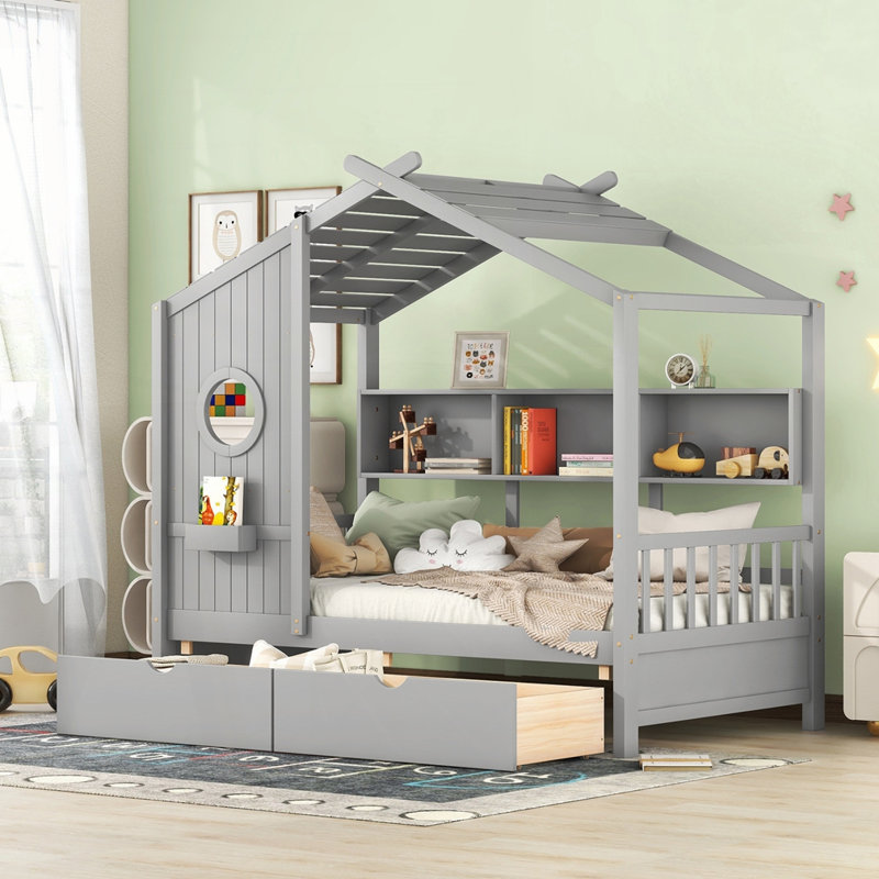 Lit simple en bois avec tiroirs, Gris, Simple