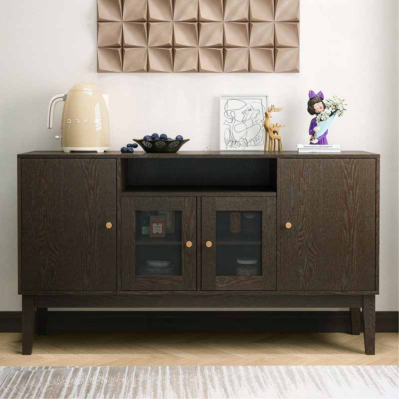 Buffet polyvalent avec tablettes réglables et portes en verre trempé pour un rangement et une présentation élégants