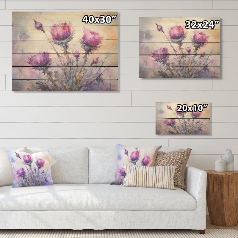 Chardons royaux mauves - chardon, art sur bois de pin naturel, H 24 po x l 32 po