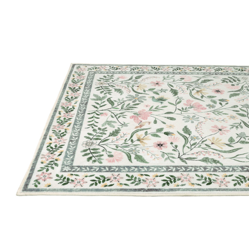 Green Floral Machine Washable Area Rug with Non-Slip Backing, Rectangle 6' x 9'