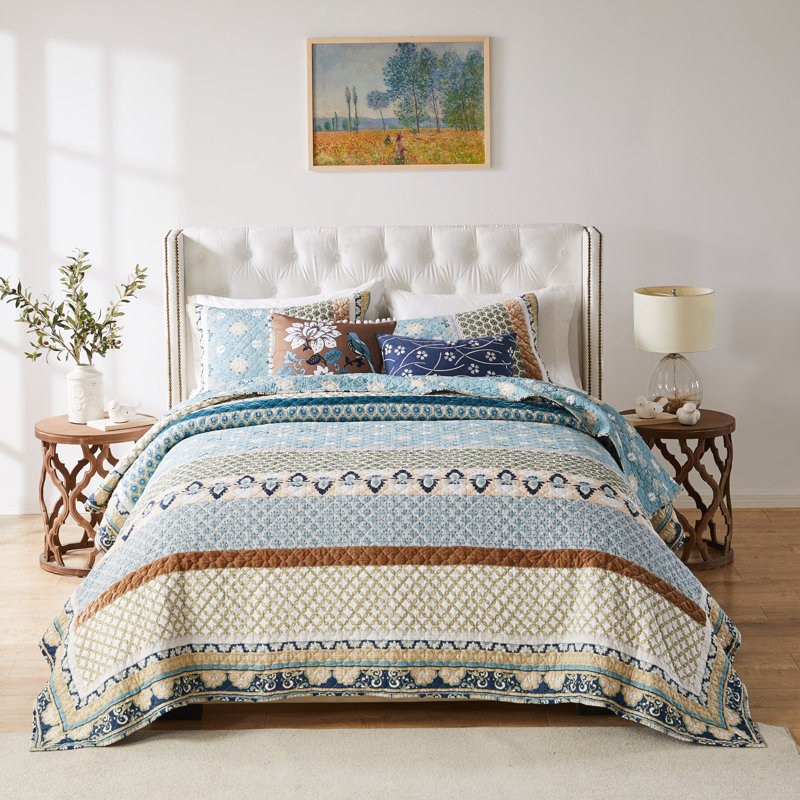 Thalia Blue Cotton Reversible Full Quilt Set