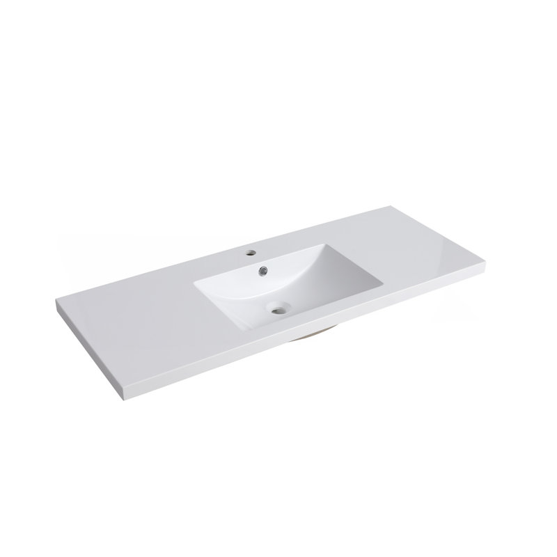 Plan de toilette en résine gelcoat de 122 cm de large avec lavabo central, design spacieux, structure monobloc intégrée, imperméable, résistant aux taches et aux rayures.