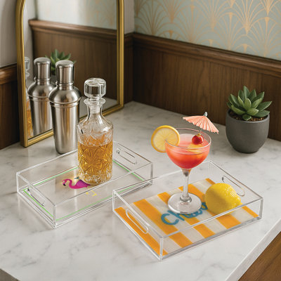  2-pc Acrylic Serving Tray Set - Cheers & Flamingo Decorative Trays