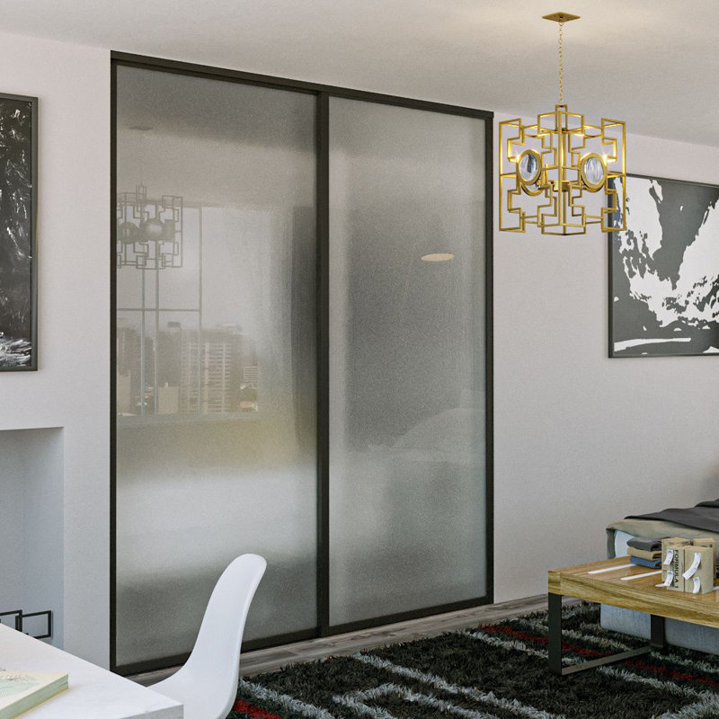 Garde-robe coulissant en verre givré à 2 panneaux, Noir, 60 po x 80 po