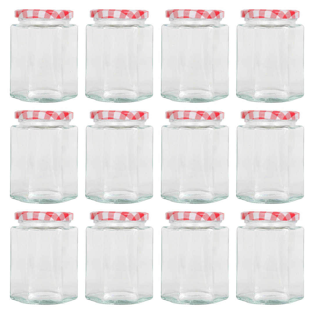 Argon Tableware 250ml Hexagonal Glass Jam Jars with Red Gingham Lids - 12x Empty Screw Top Kitchen Food Honey Spice Chutney Preserving Canning Storage Jar Container Glasses Set - Image 2