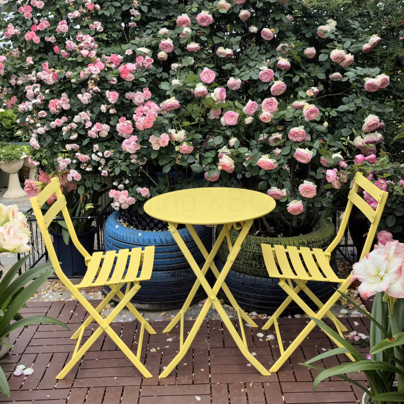 Rous 2 - Person Bistro Set 3 Piece Patio Bistro Set of Foldable Table and Chairs, Yellow/Round