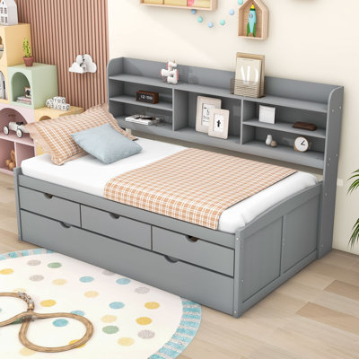 Twin Wood Captain Bed with Trundle, 3 Drawers and Built-in Shelves