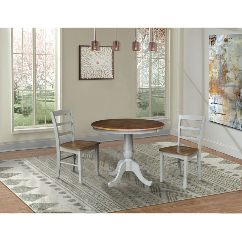 Gadmann Pedestal Extendable Solid Wood Dining Set, Hickory/Stone, 3 Pieces: Table, 2 Chairs