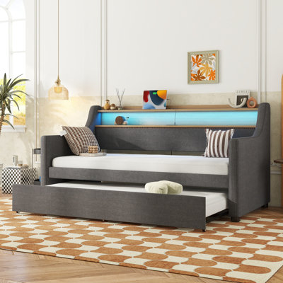 Twin Size Daybed with Trundle Bed, Upholstered Daybed with Charging Station and LED Lights by Brayden Studio
