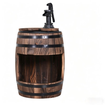 Rustic Fir Wood Water Pump Fountain with Flower Planter, 2-Tier Apple Barrel Outdoor Water Feature for Garden, 23" H